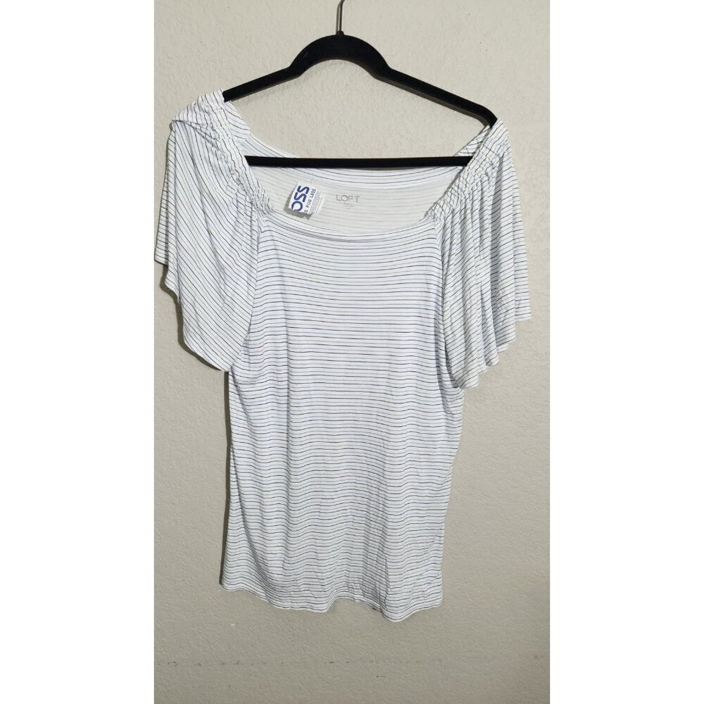 LOFT Outlet Shirt Womens Medium White Blue Striped Flutter Sleeve Rayon Top NEW